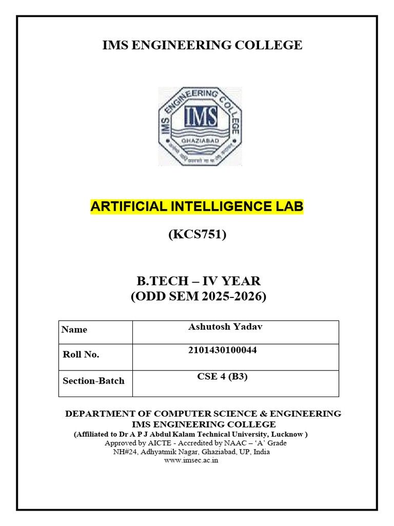 AI Lab Course Overview and Experiments | PDF | Engineering | Python ...