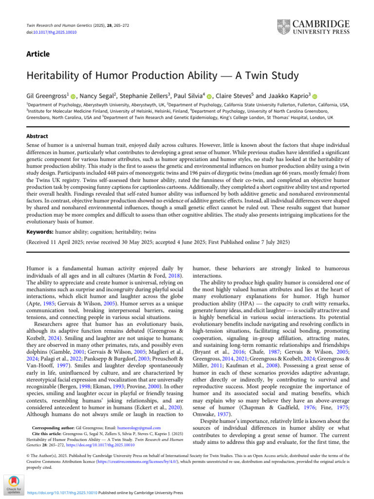 Heritability of Humor Production Ability A Twin Study | PDF ...
