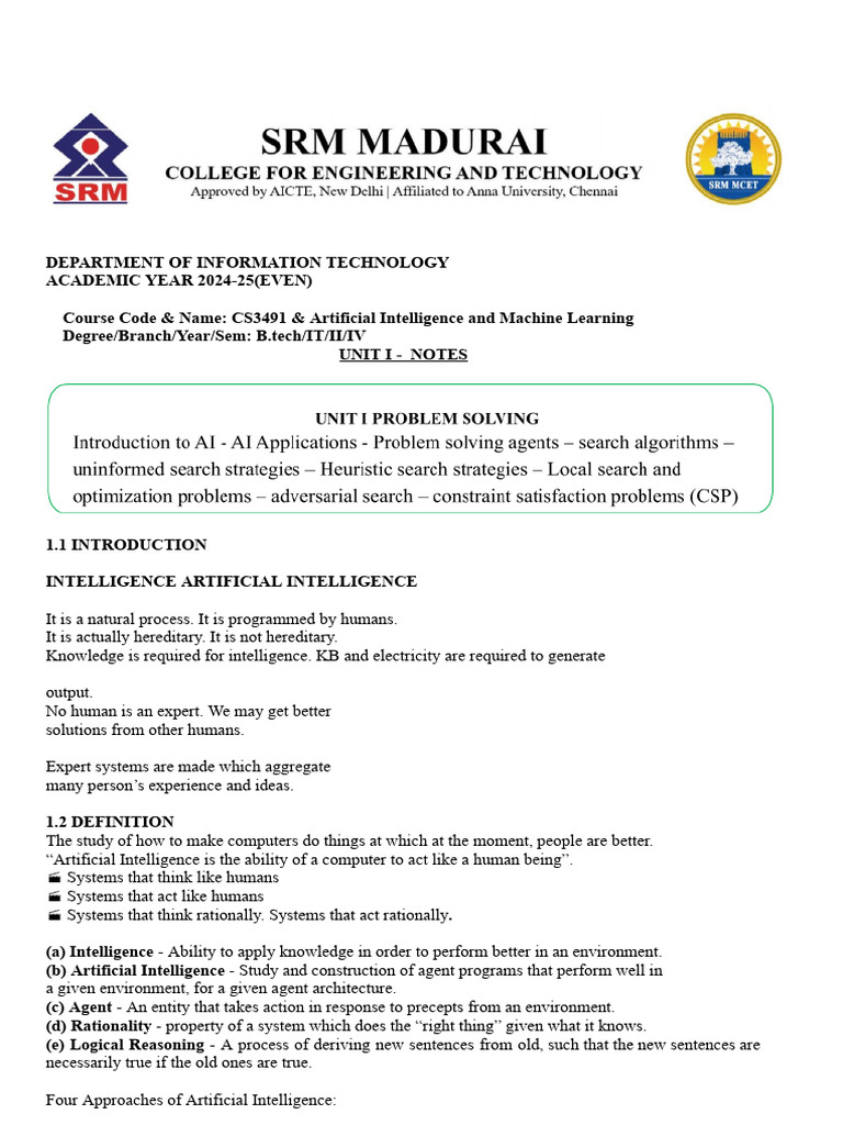 CS3491 AIML Notes Unit 1 | PDF | Artificial Intelligence | Intelligence ...