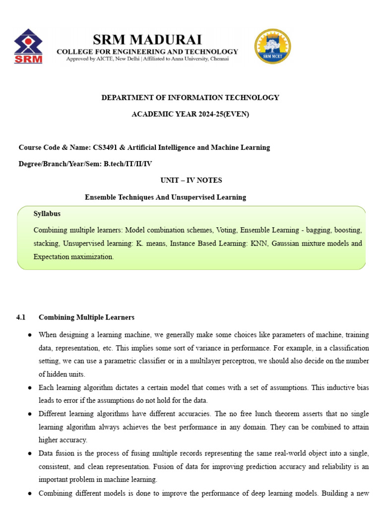 CS3491 AIML Notes Unit 4 | PDF | Machine Learning | Statistical ...