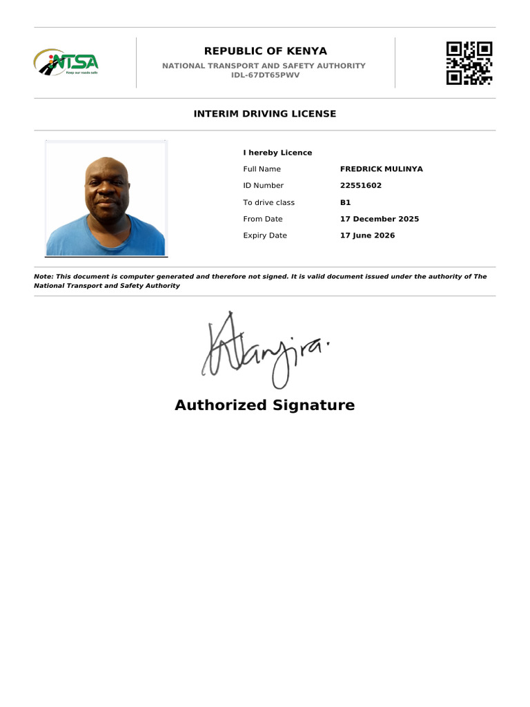 Kenya Interim Driving License for B1 Class | PDF