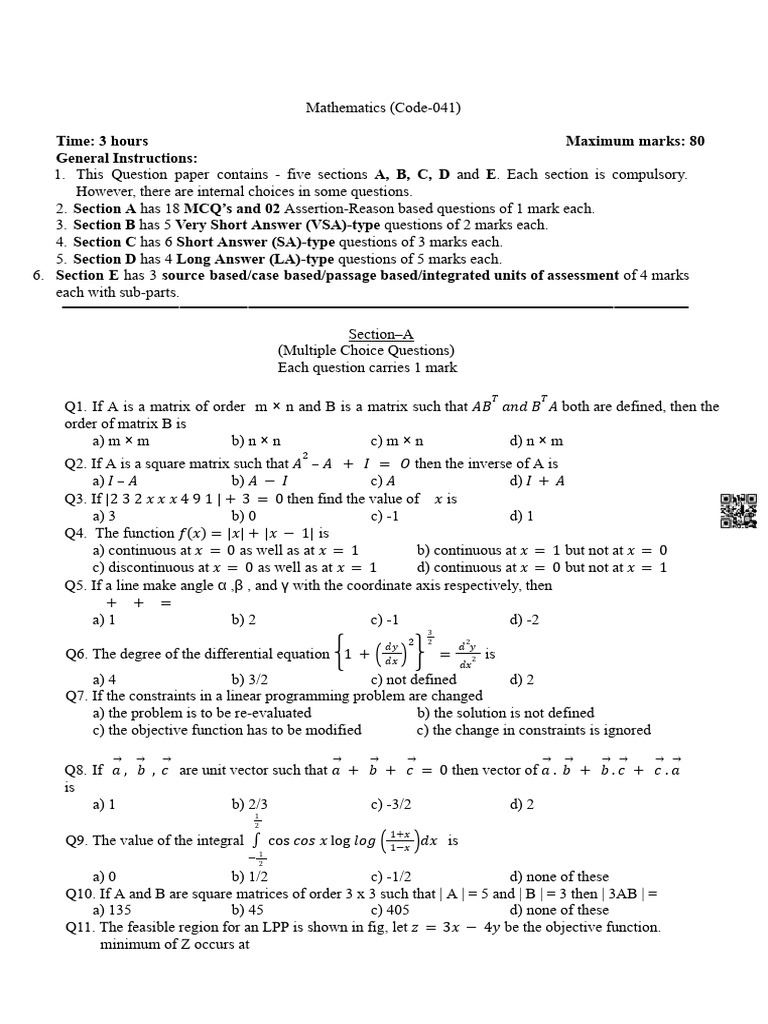 Mathematics Exam Paper (Code-041) | PDF | Area | Function (Mathematics)