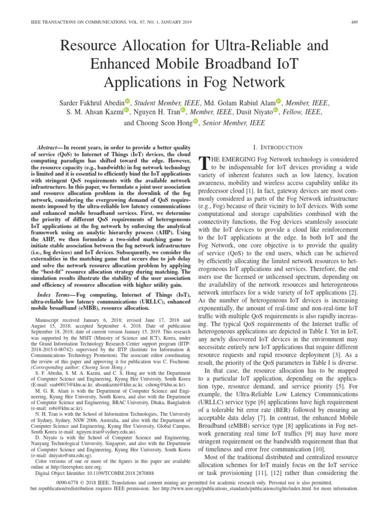 Resource Allocation for IoT in Fog Networks | PDF | Computer Network ...