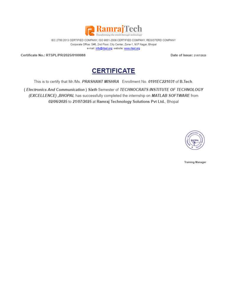 Internship Certificate for MATLAB Training | PDF
