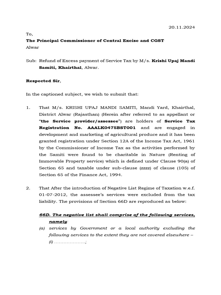 Draft Letter to Alwar CGST for Refund | PDF | Taxes | Taxation