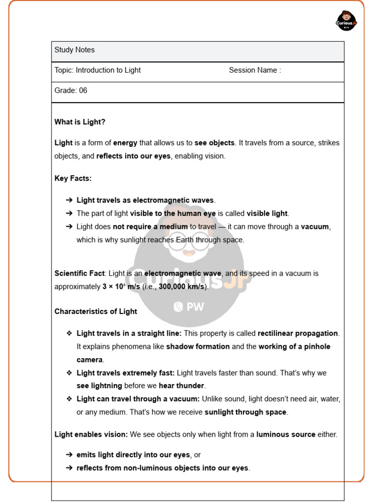 Study Notes Gr-6 Light 4.1 | PDF | Light | Waves