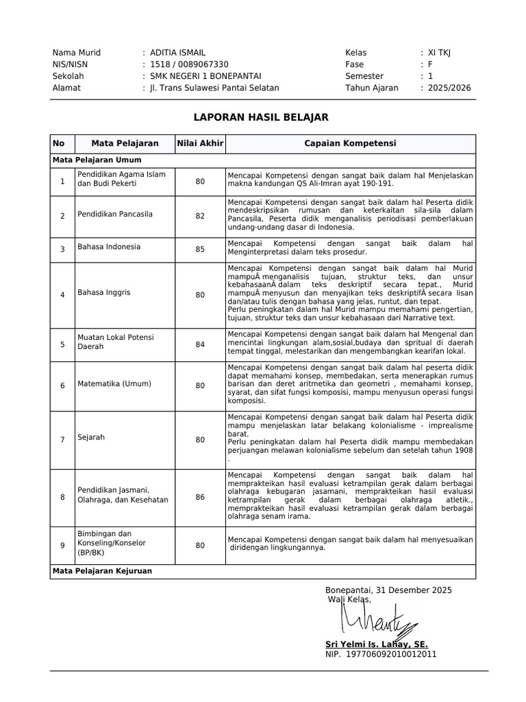 Laporan Hasil Belajar Aditia Ismail XI TKJ | PDF