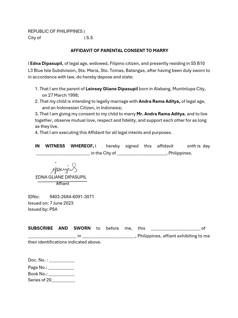 Affidavit of Parental Consent to Marry | PDF
