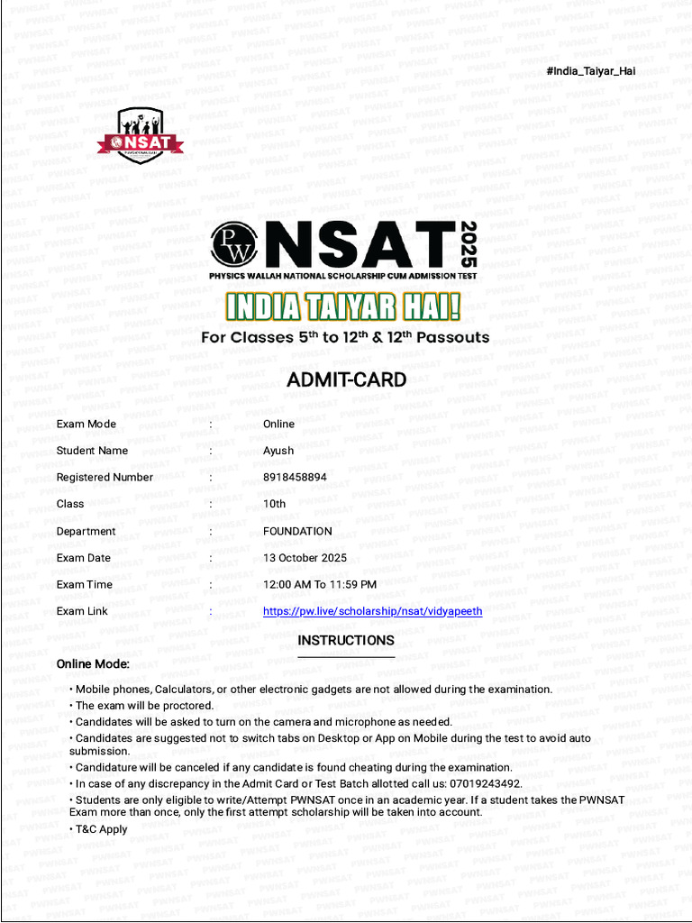 Vidyapeeth PWNSAT Ayush Admit Card | PDF
