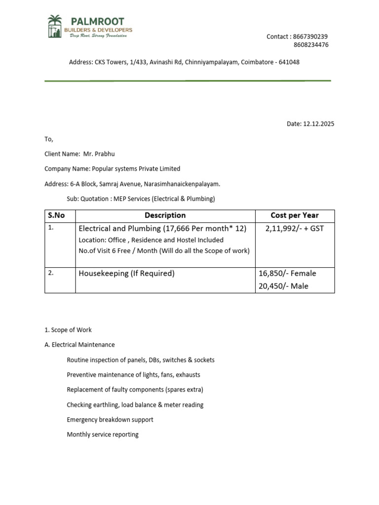 MEP Services Quotation for Prabhu | PDF