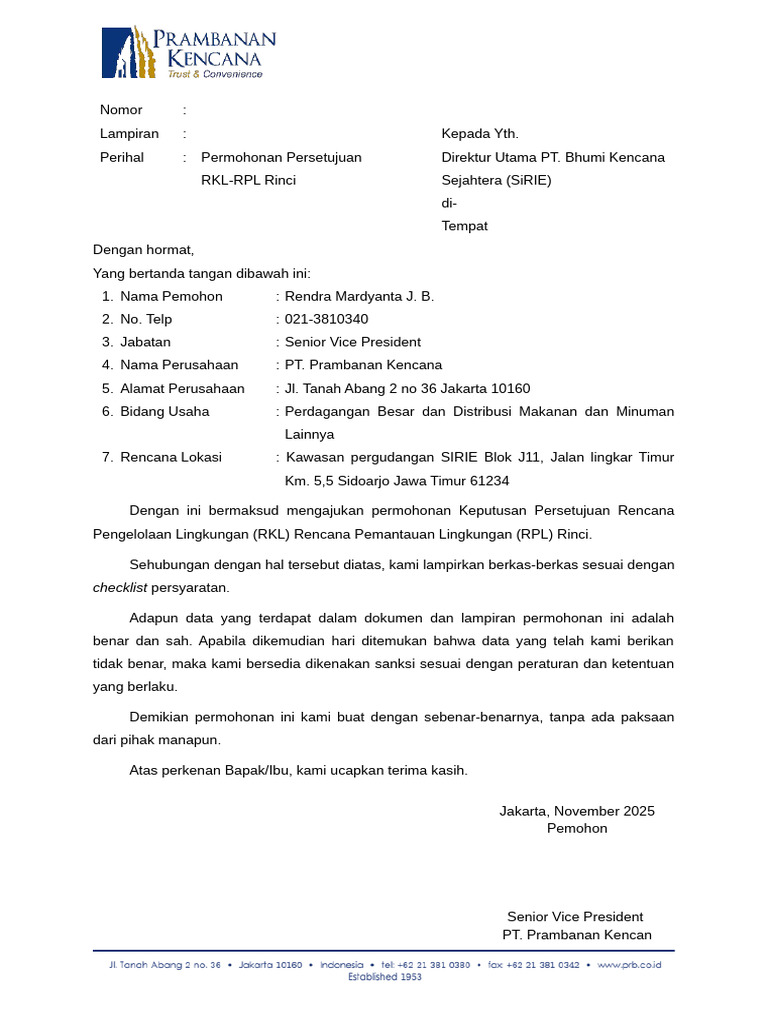 Permohonan RKL-RPL PT. Prambanan Kencana | PDF