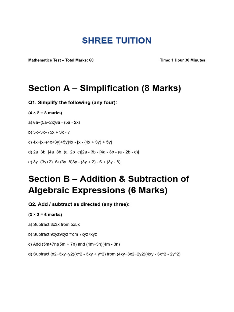 Mathematics Test Paper for Students | PDF