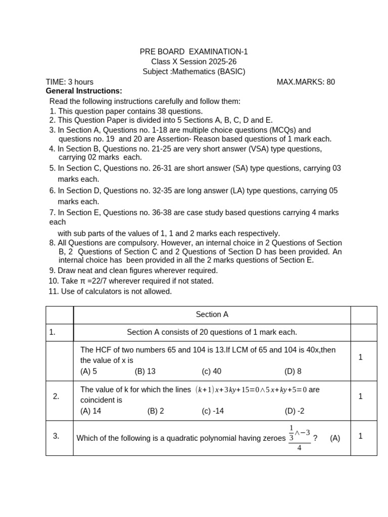 Class X Mathematics Pre-Board Exam 2025-26 | PDF | Area | Circle