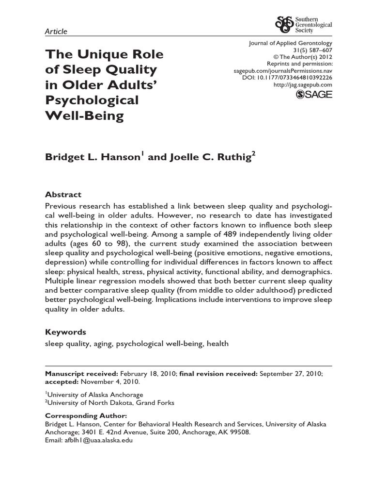 The Unique Role of Sleep Quality in Older Adults' Psychological Well ...