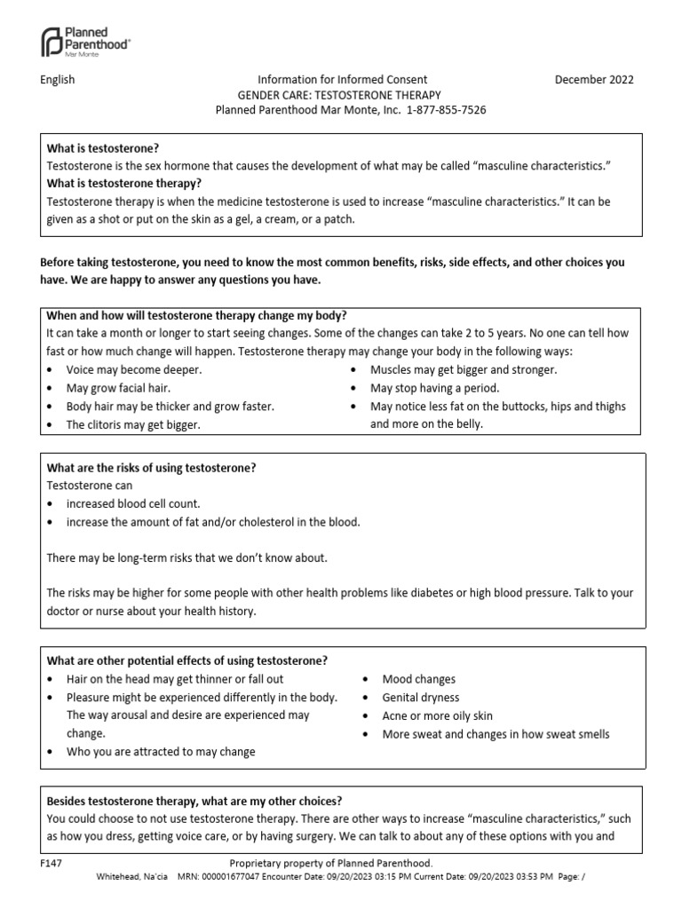Testosterone Therapy Consent Guide | PDF | Testosterone | Sexuality