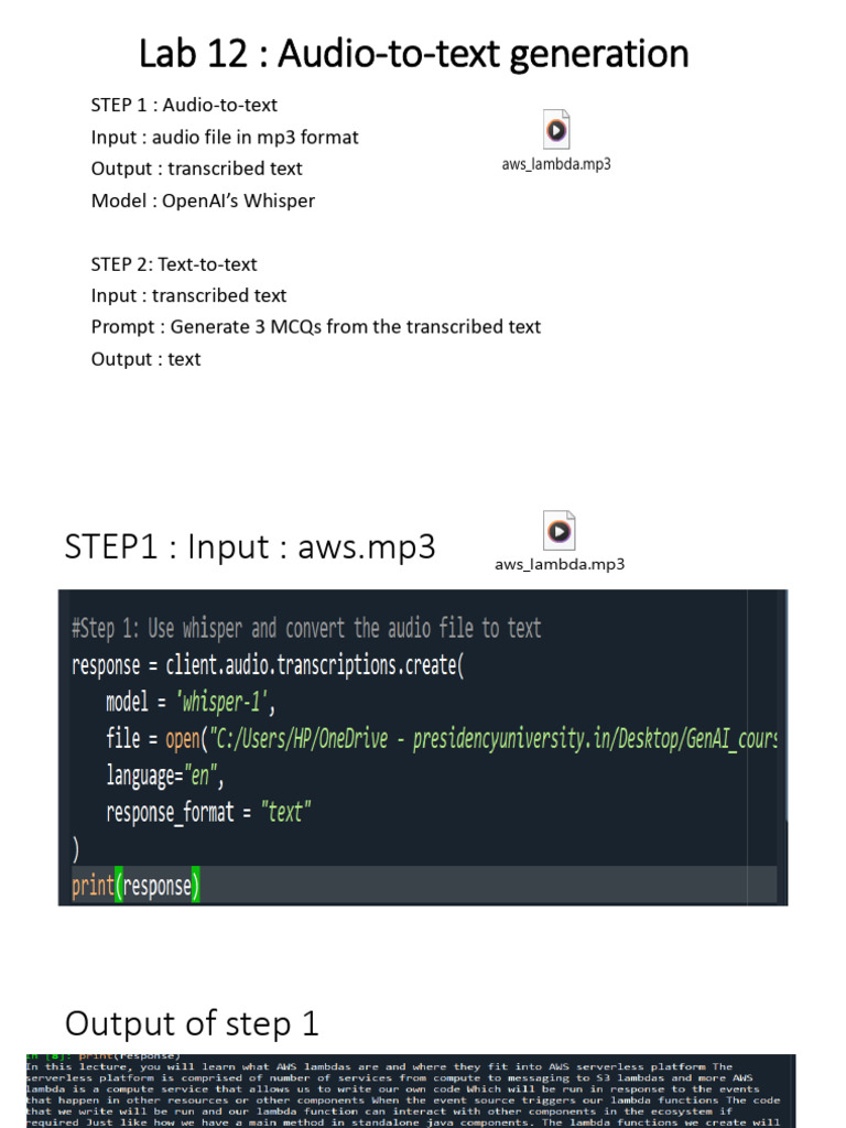 Audio-to-Text and MCQ Generation Lab | PDF
