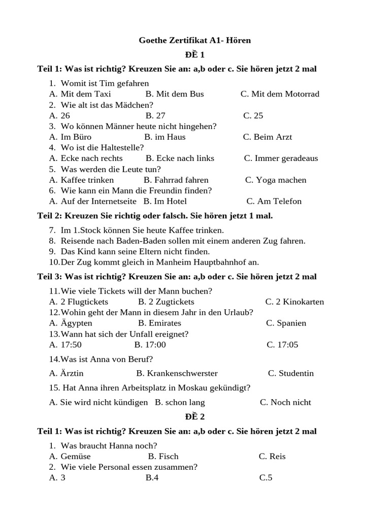 Goethe Zertifikat A1 - Hören | PDF