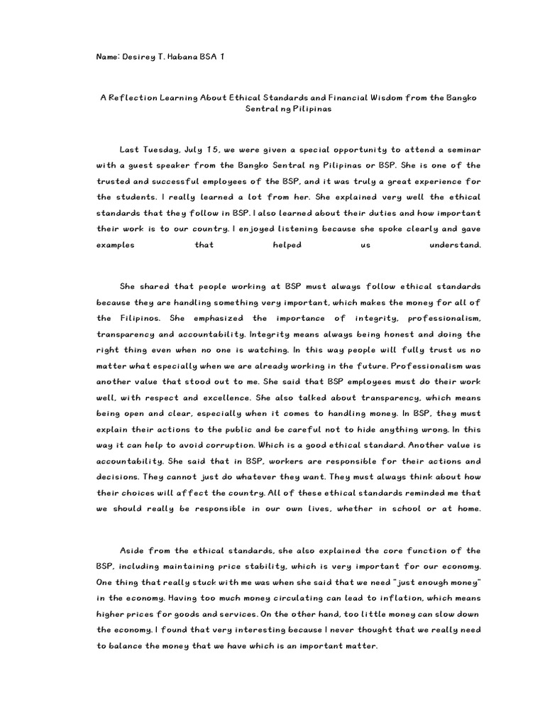 Ethics Reflection by HABANA | PDF | Money