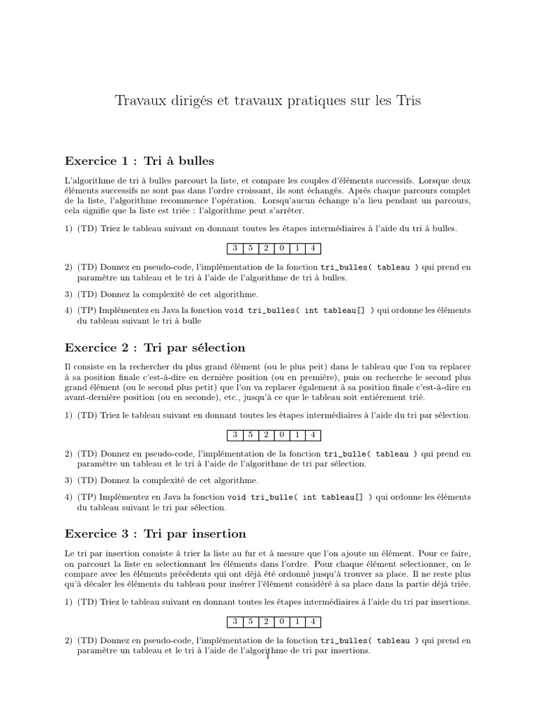 Algorithmes de tri : TD et TP pratiques | PDF | Informatique théorique ...