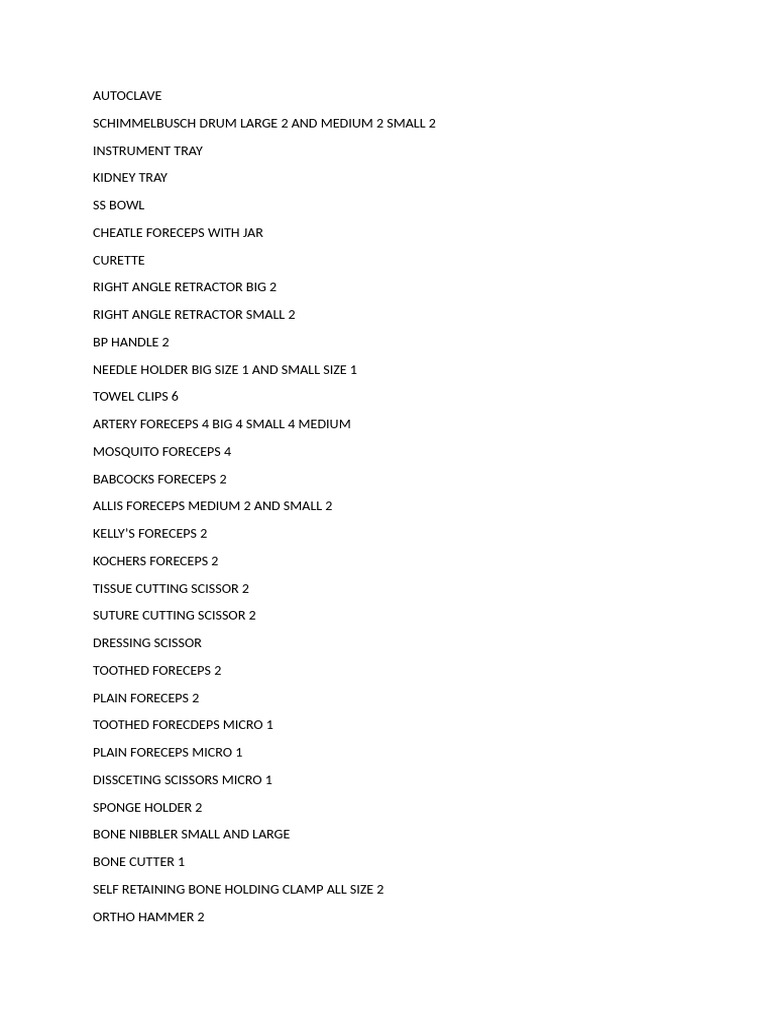Comprehensive Surgical Instrument List | PDF
