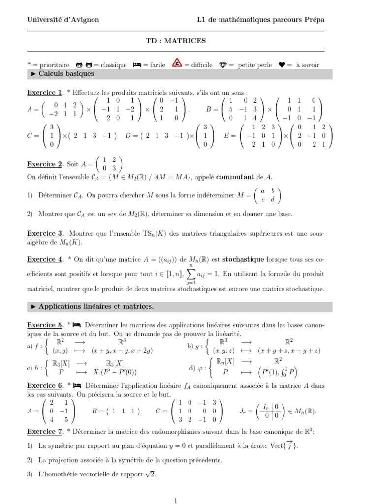Exercices de Matrices et Applications Linéaires | PDF | Matrice ...