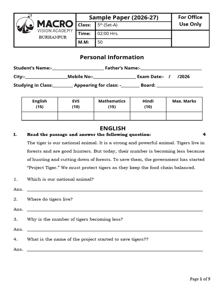5th Grade Sample Exam Paper 2026-27 | PDF
