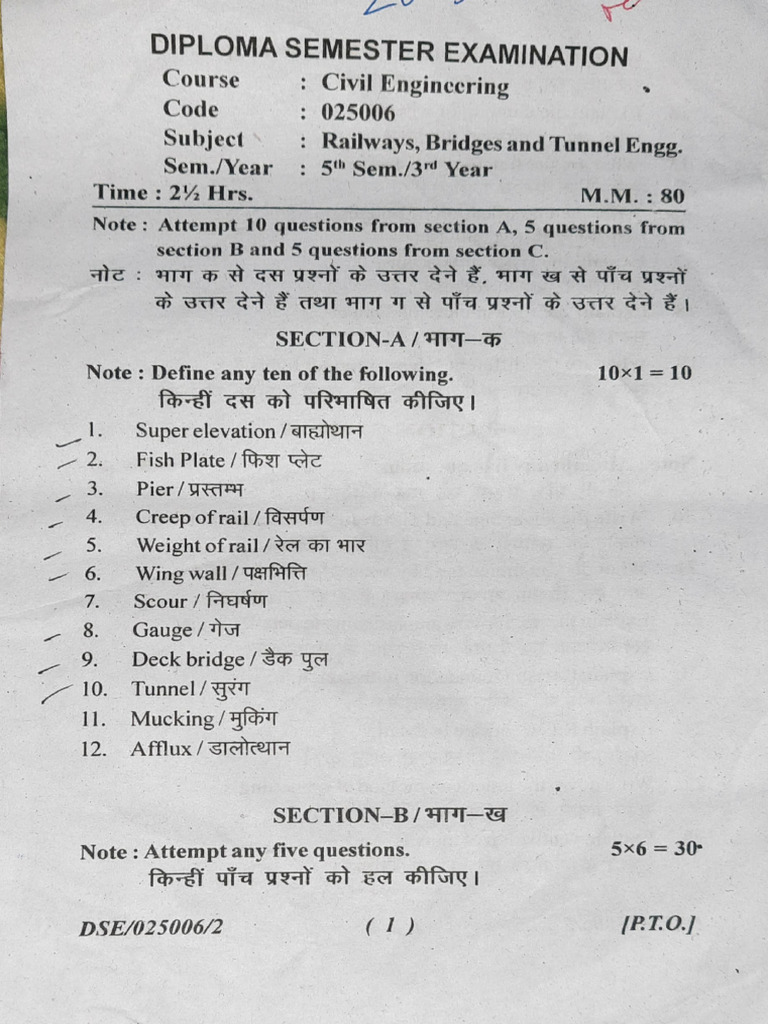 Railway, Bridges and Tunnel Engg. Paper Jan 2023 | PDF