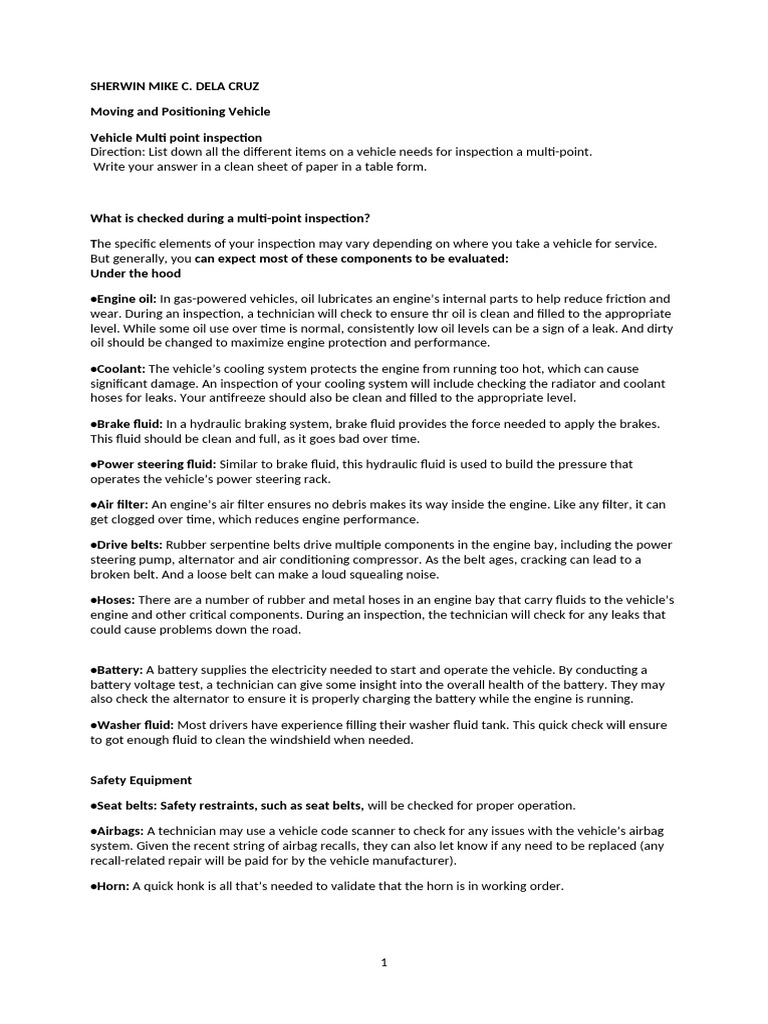 Vehicle Multi-Point Inspection Checklist | PDF | Exhaust Gas | Combustion