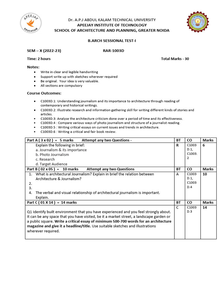 Sessional Test - I RAR-1003D | PDF | Journalism | Human Communication