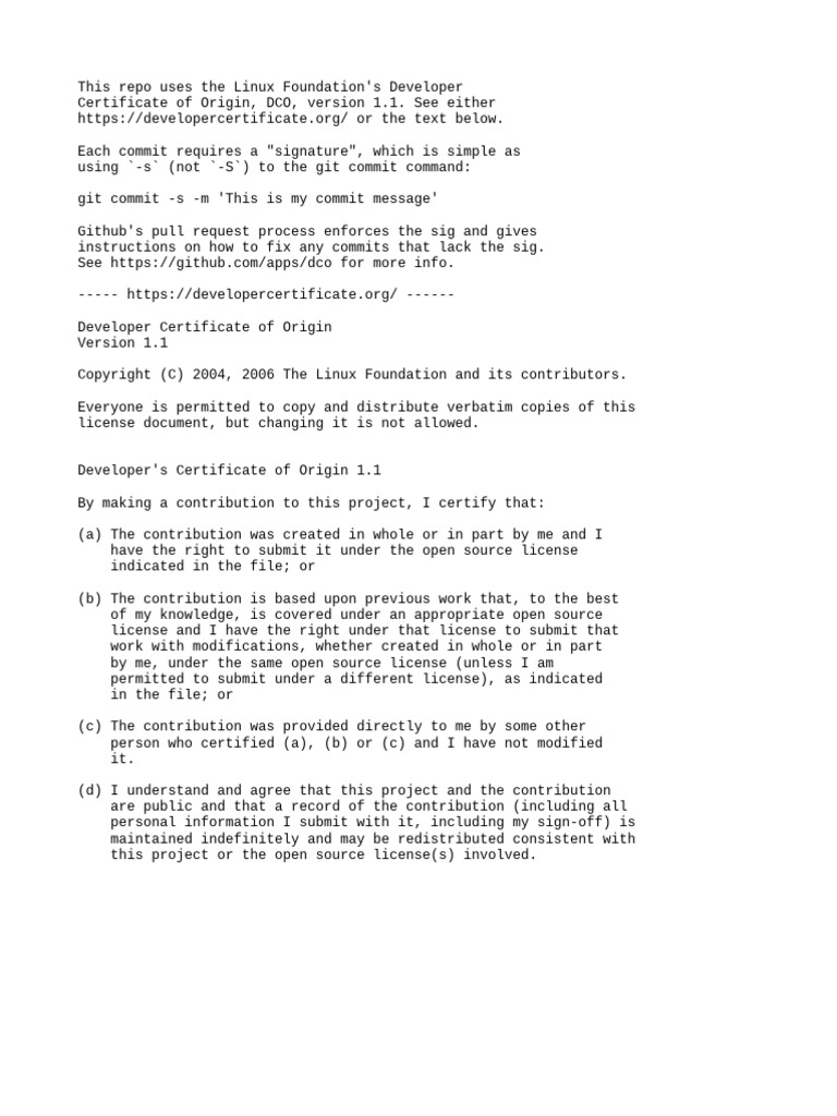 Developer Certificate of Origin Guide | PDF