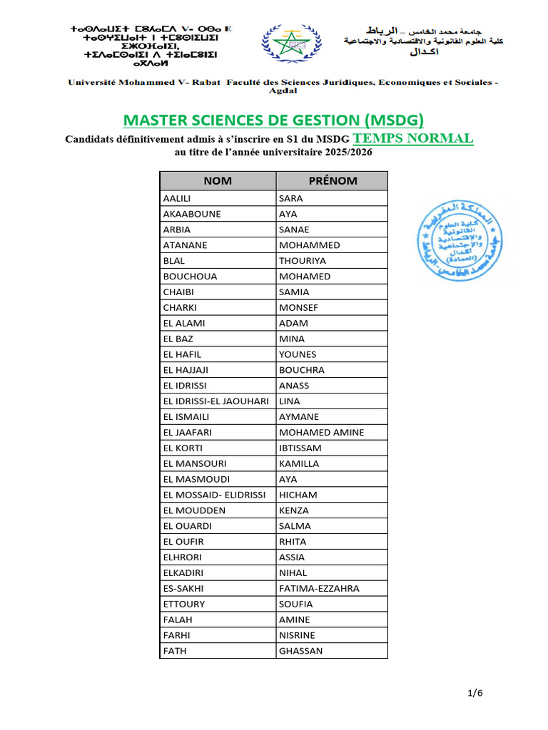 Liste des admis au MSDG 2025/2026 | PDF