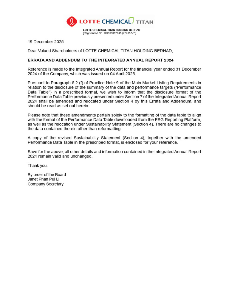 LCT_Errata and Addendum to the Integrated Annual Report 2024 | PDF ...