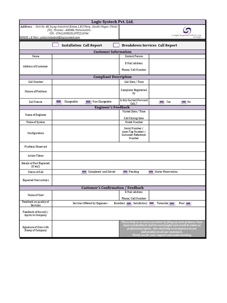 Installation and Breakdown Call Report | PDF | Computing | Computer ...