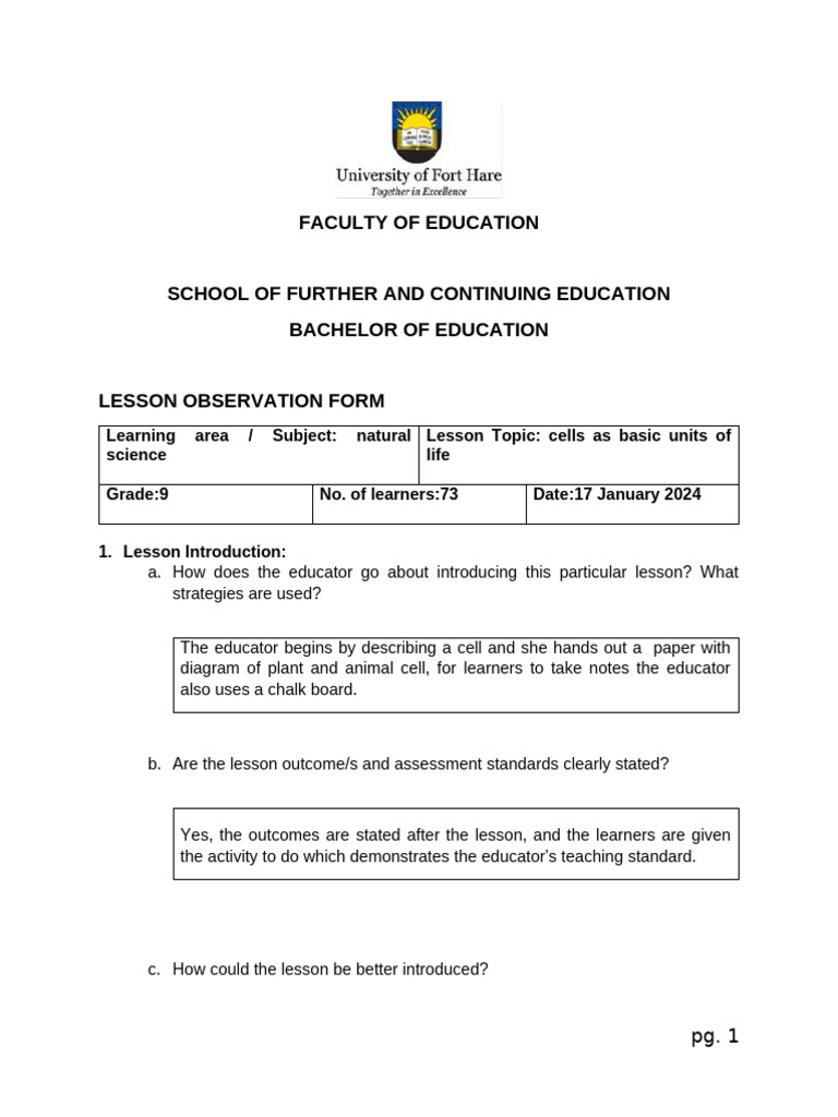 Lesson Observation: Grade 9 Natural Science | PDF | Teachers | Learning