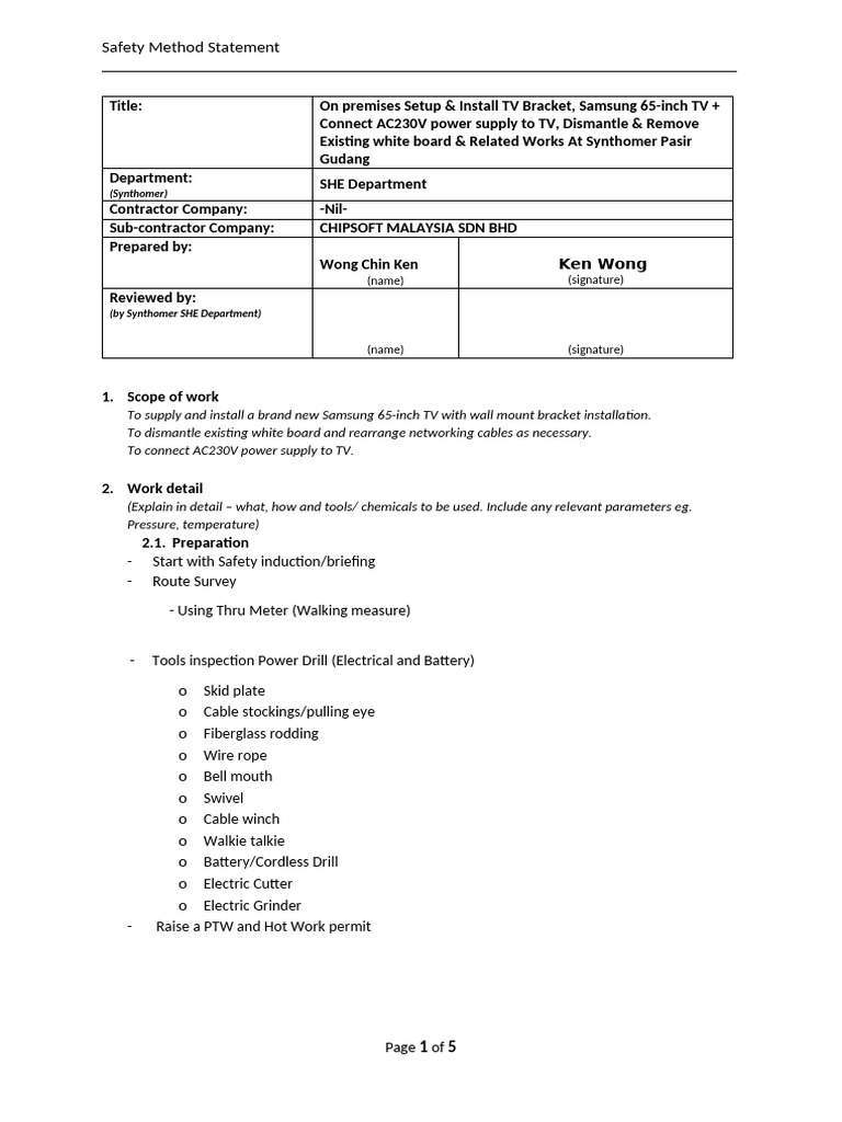 TV Installation Safety Method Statement | PDF | Hazards | Personal ...