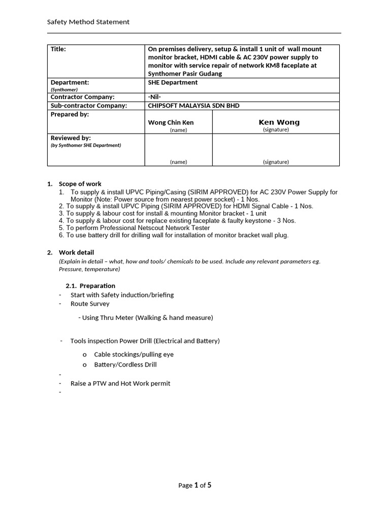 Safety Method Statement for Monitor Installation | PDF | Safety ...
