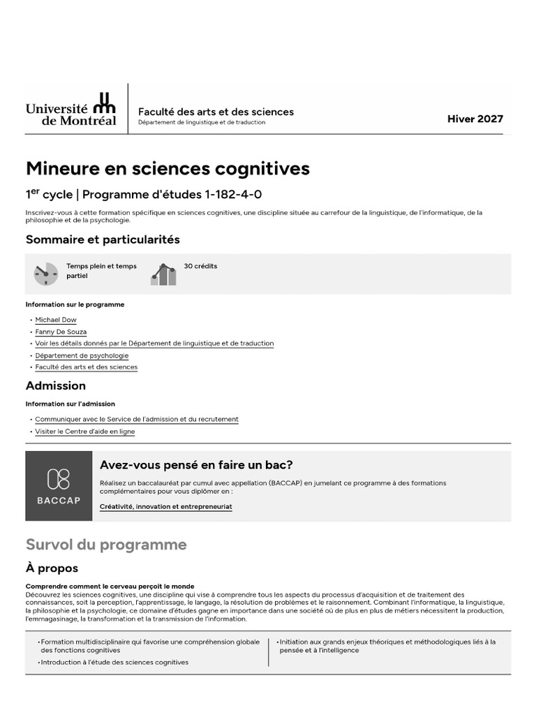 Mineure en Sciences Cognitives - Université de Montréal - Admission | PDF