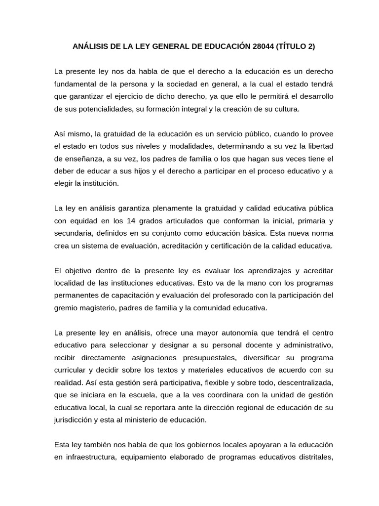 Análisis de la Ley de Educación 28044 | PDF | Evaluación