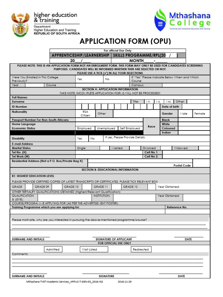 Opu Application Form | PDF