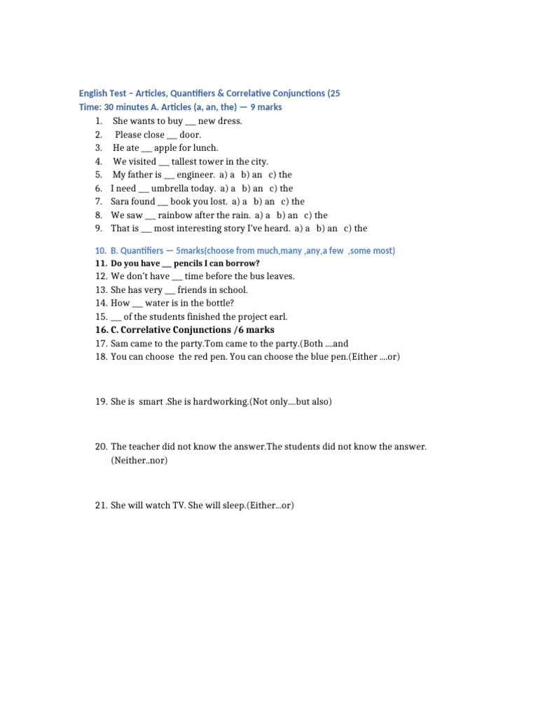 P5 English Test Articles Quantifiers Conjunctions | PDF