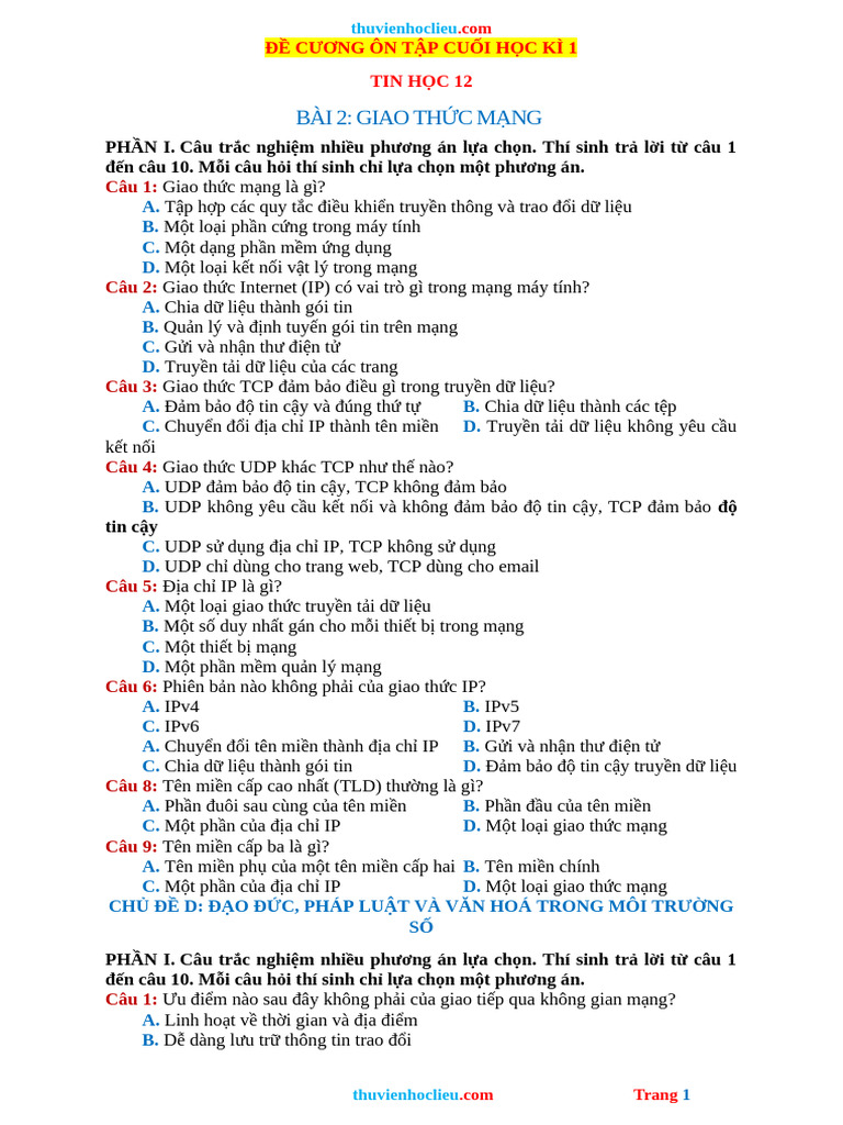 De Cuong On Tap Cuoi HK1 Tin 12 Canh Dieu 25 26 | PDF