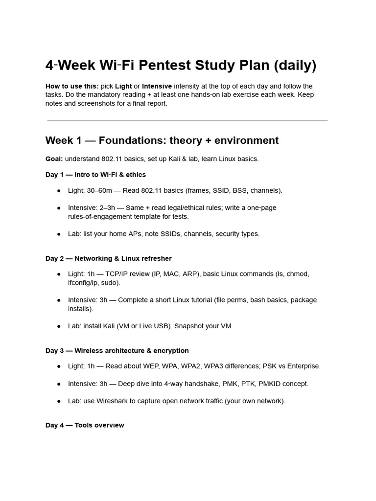 4 Week Wi Fi Pentest Study Plan (Daily) | PDF | Computer Network ...