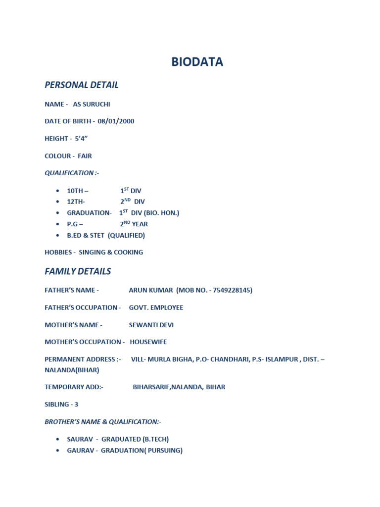 Suruchi's Comprehensive Biodata Profile | PDF