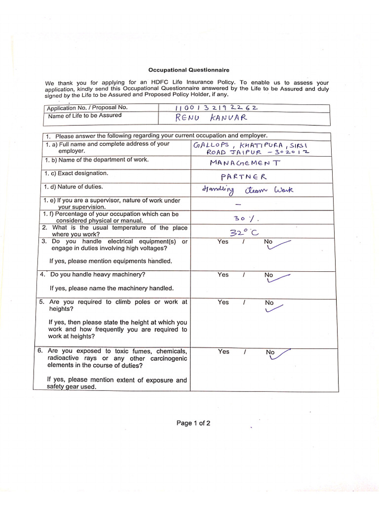 Occupation Questionnaire | PDF