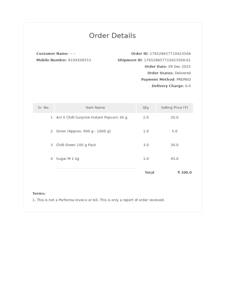 Order Details: Customer Name Mobile Number Order ID Shipment ID Order ...