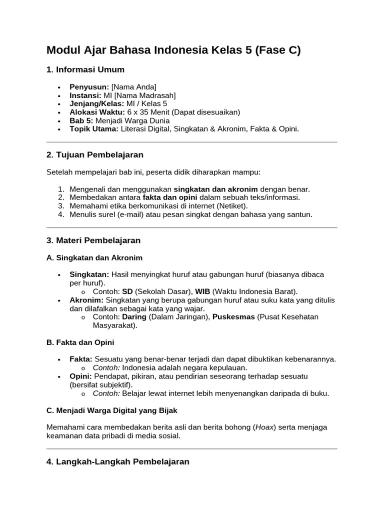 Modul Ajar Bahasa Indonesia Kelas 5 | PDF