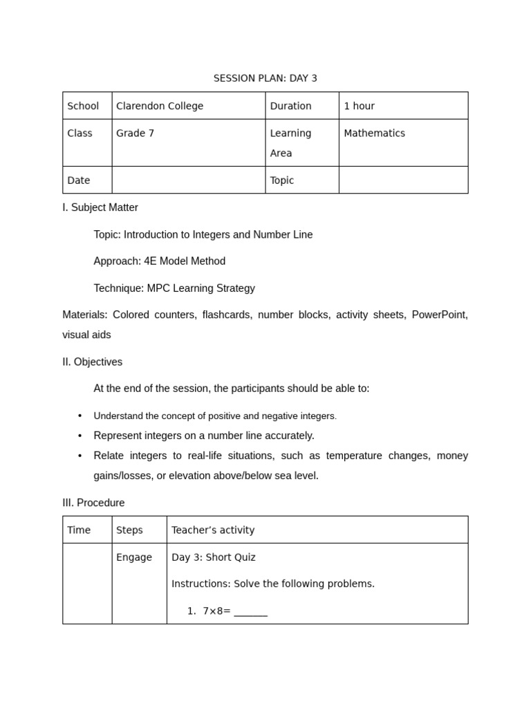 Grade 7 Integers Lesson Plan | PDF