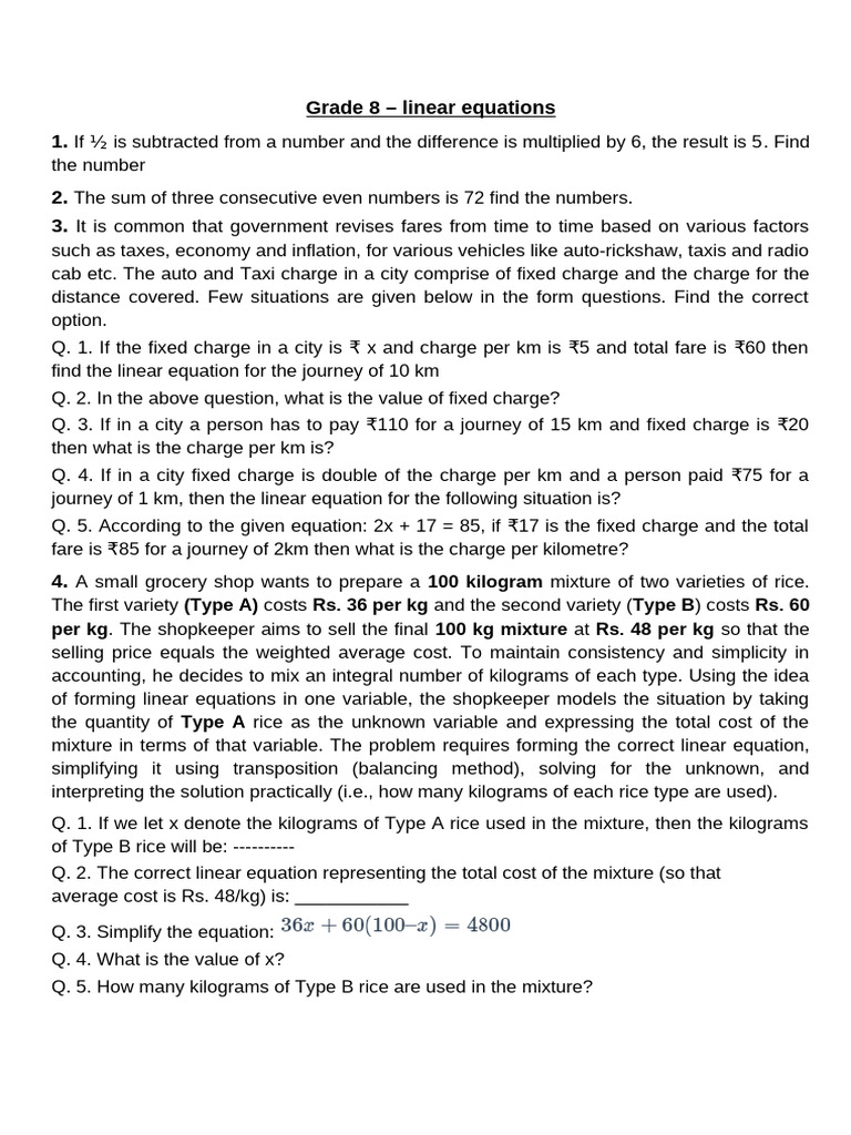Grade 8 Linear Equations Practice Problems | PDF | Equations | Mathematics