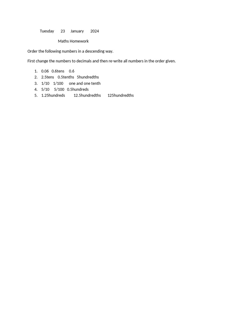 Maths Homework: Ordering Decimals | PDF
