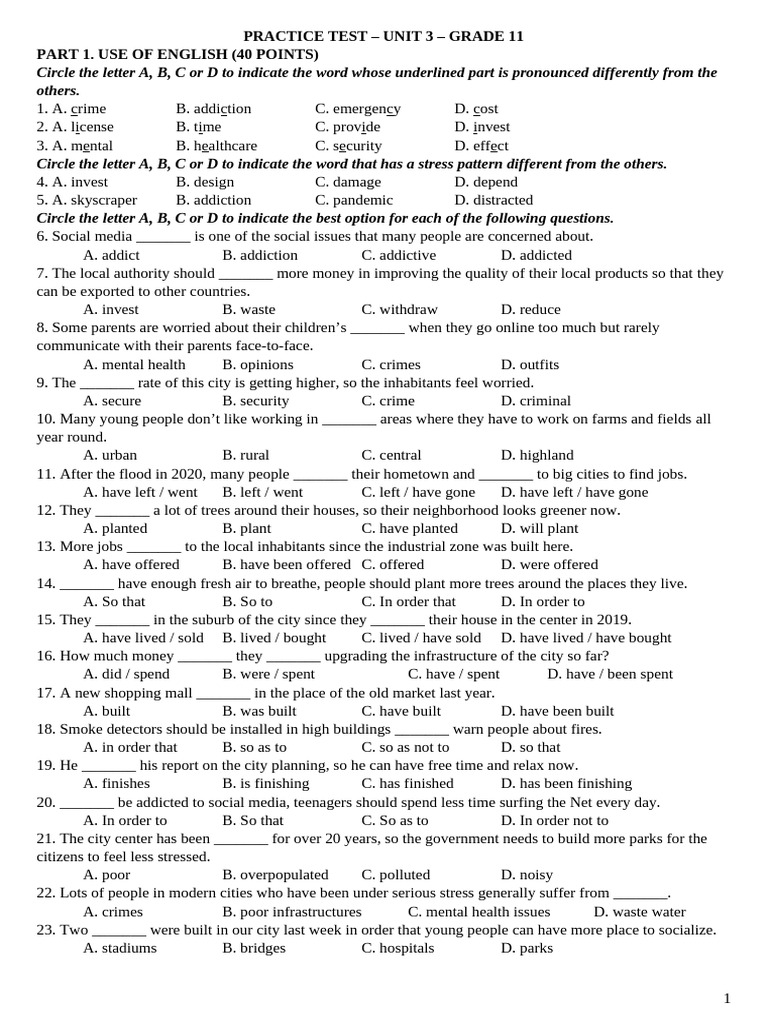 Grade 11 Unit 3 English Practice Test | PDF | Cost Of Living | City